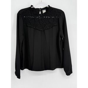 Guest Editor Anthropology Womens Black Lace Yoke Pintuck Ruffle Blouse Sz M